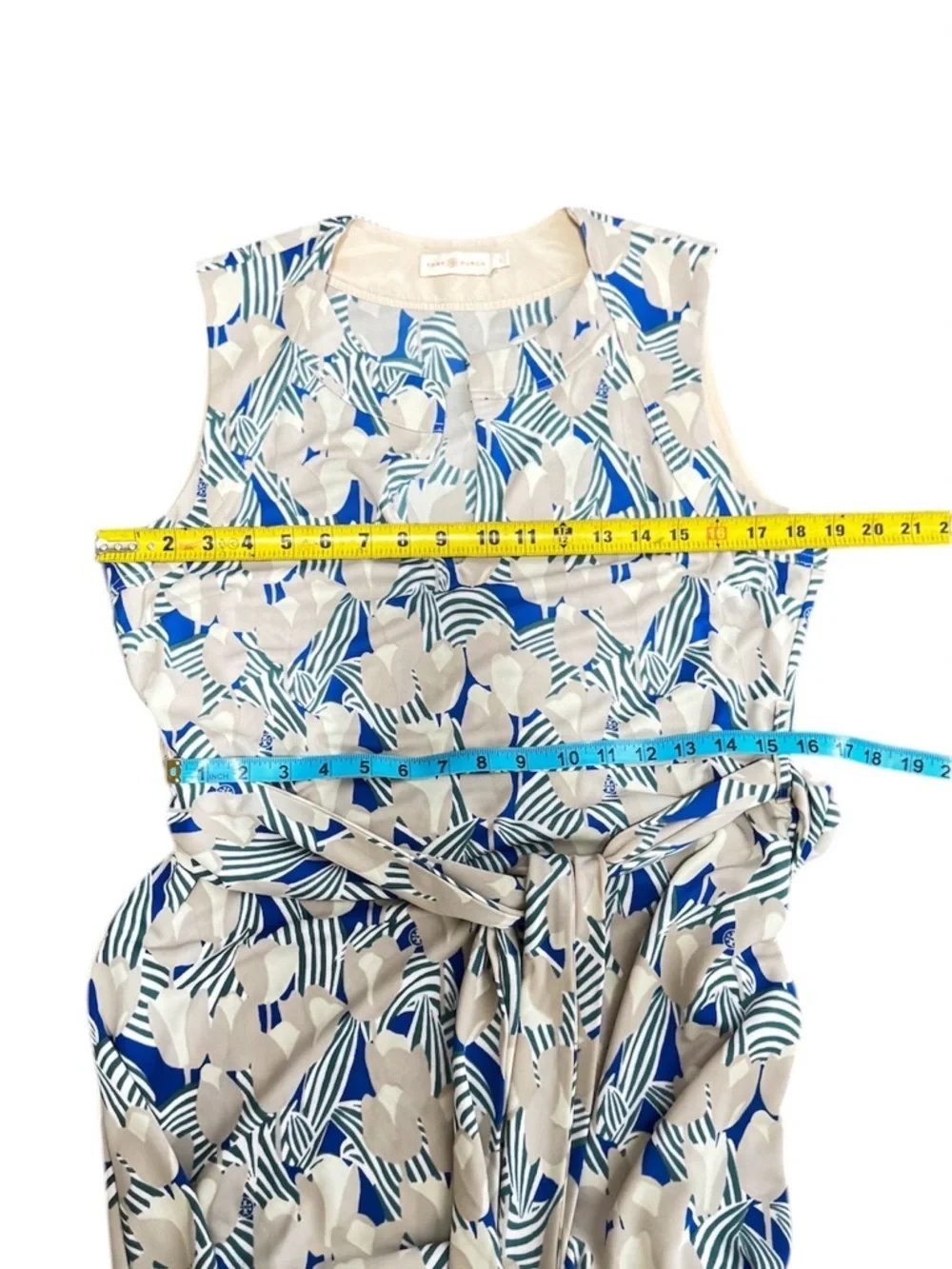 Tory Burch Blue & Beige Tulip Floral Maxi Dress with Self-Tie Waist Size Large